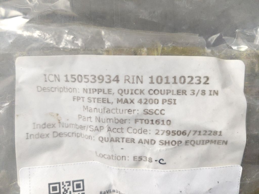 NIPPLE, QUICK COUPLER 3/8 IN FPT STEEL, MAX 4200 PSI