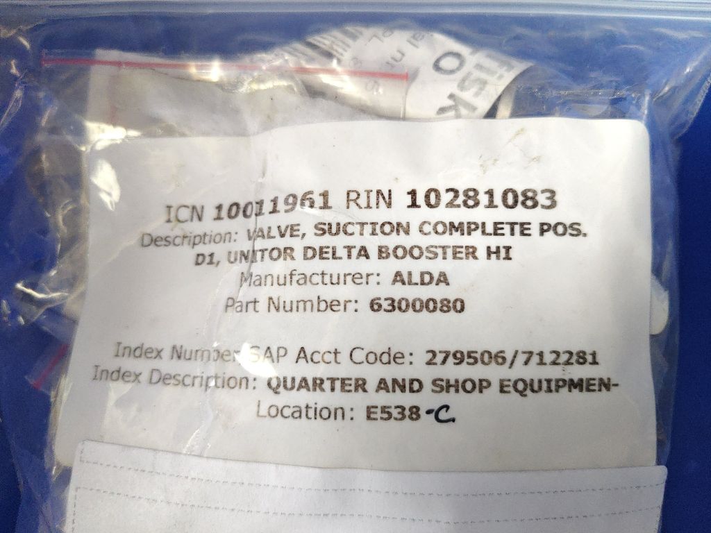 VALVE, SUCTION COMPLETE POS. D1, UNITOR DELTA BOOSTER HIGH PRESSURE WASHER IN FWD ENGINE ROOM