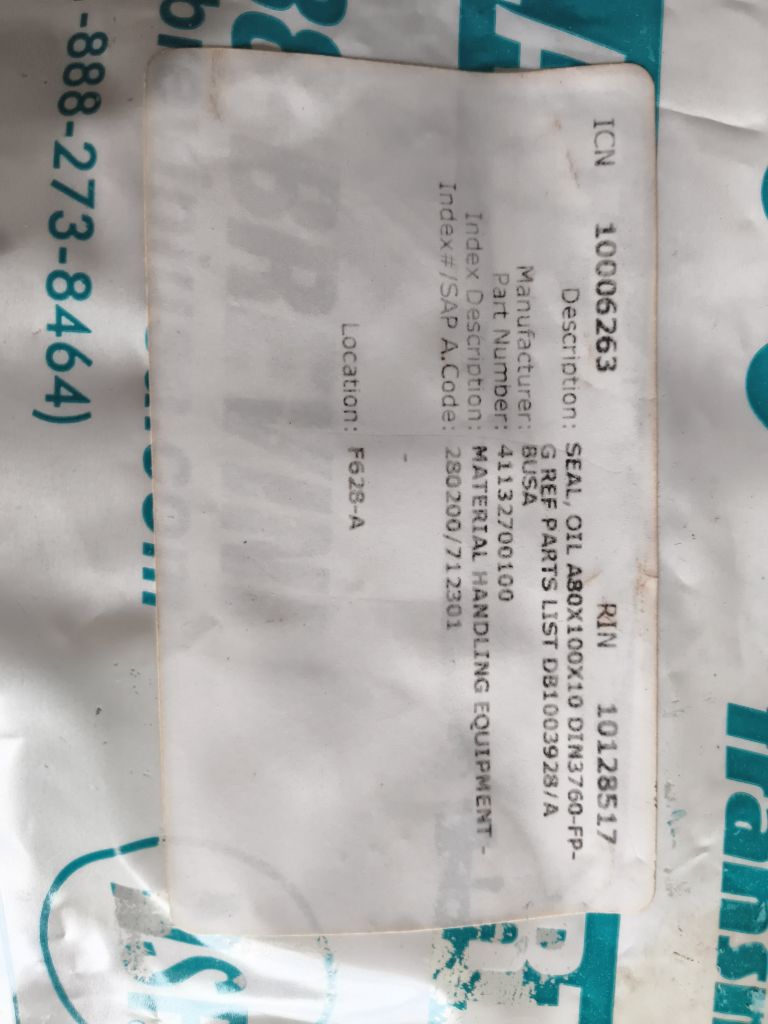 SEAL, OIL A80X100X10 DIN3760-FP-G REF PARTS LIST DB1003928/A