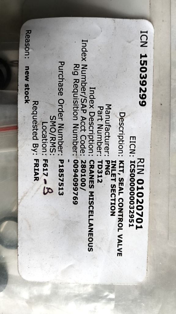 KIT, SEAL CONTROL VALVE INLET SECTION