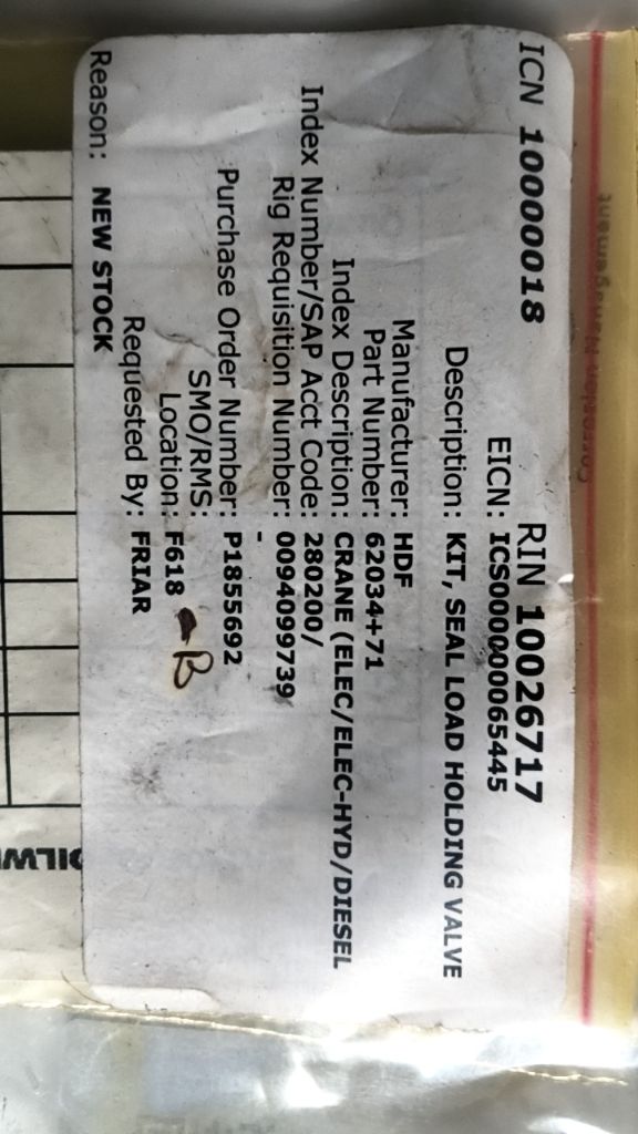 KIT, SEAL LOAD HOLDING VALVE