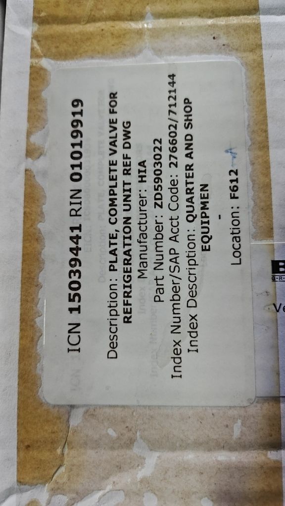 PLATE, COMPLETE VALVE FOR REFRIGERATION UNIT REF DWG 5903HAKDA3040