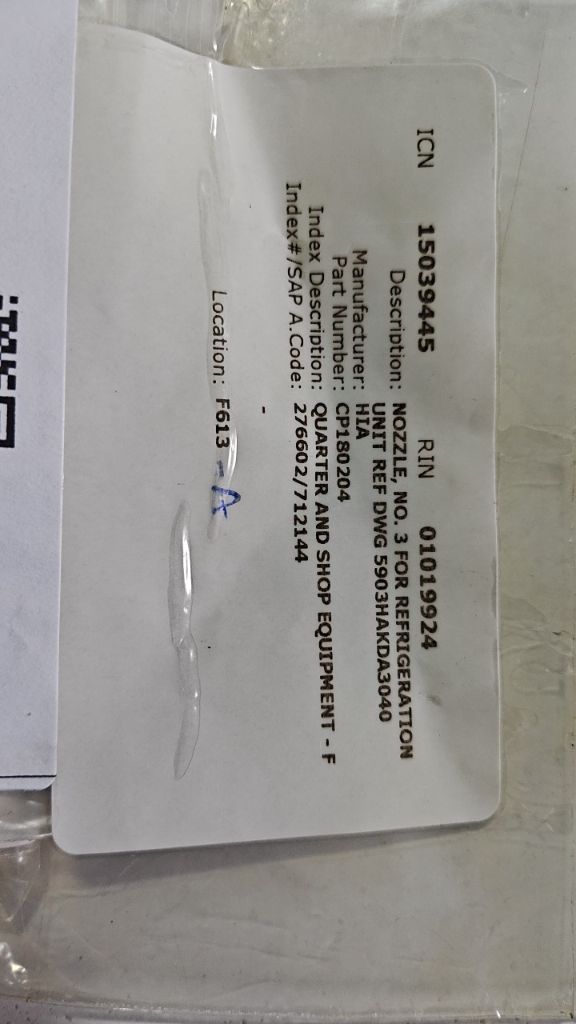 NOZZLE, NO. 3 FOR REFRIGERATION UNIT REF DWG 5903HAKDA3040