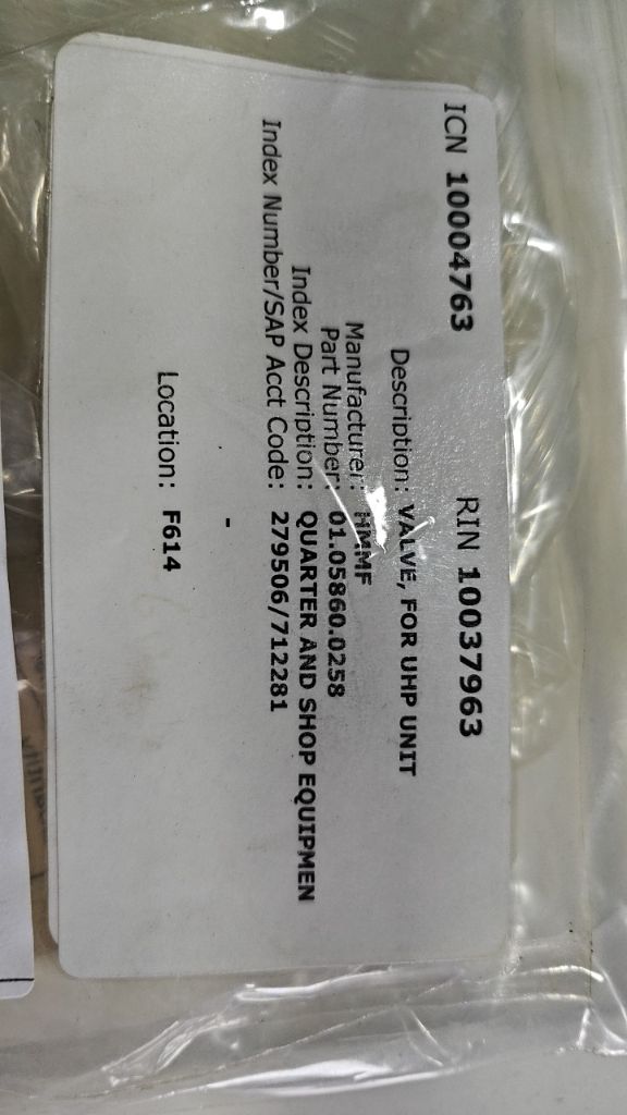 VALVE, FOR UHP UNIT