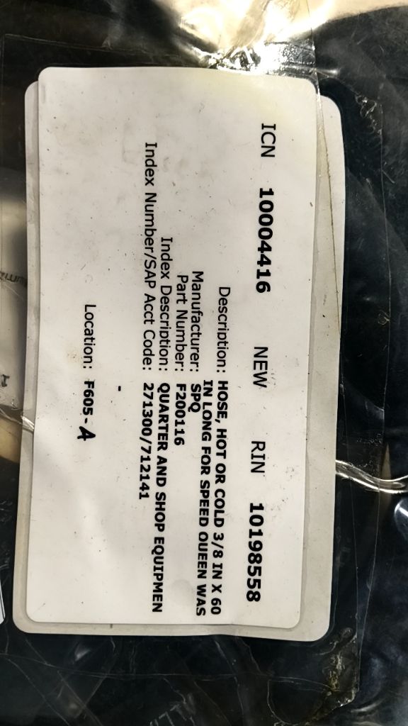HOSE, HOT OR COLD 3/8 IN X 60 IN LONG FOR SPEED QUEEN WASHER EXTRACTOR MODEL WX50120