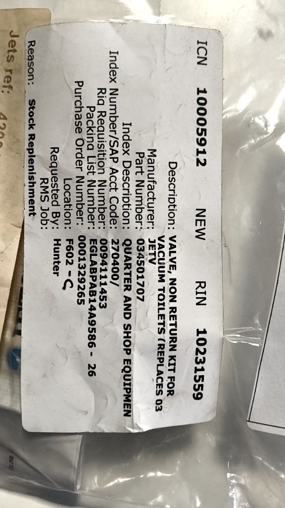 VALVE, NON RETURN KIT FOR VACUUM TOILETS (REPLACES 034536900)