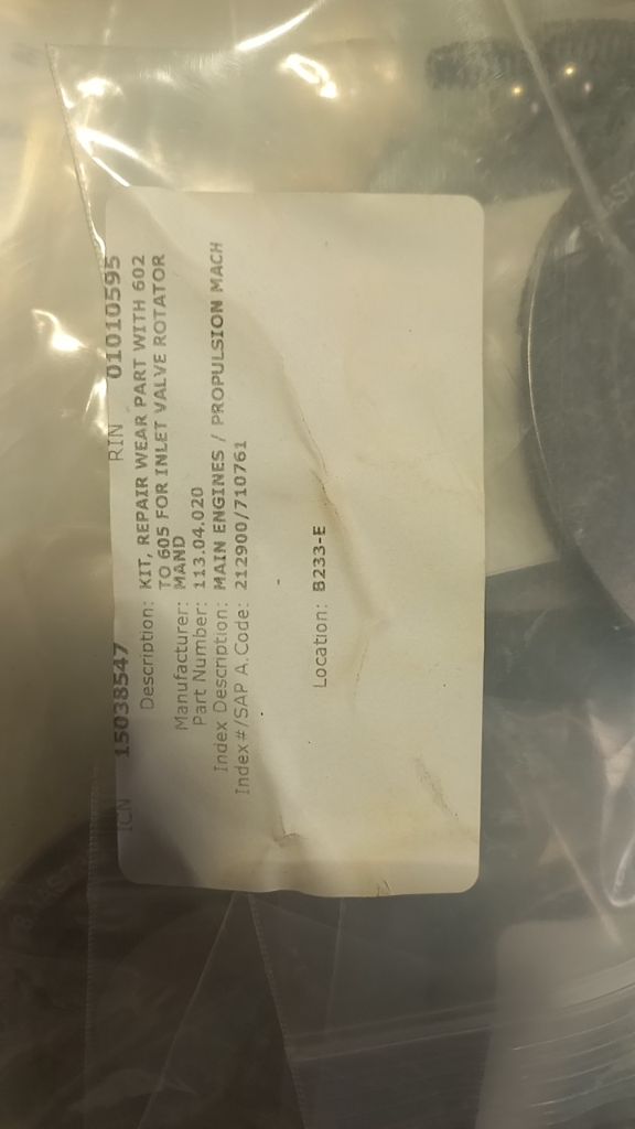 KIT, REPAIR WEAR PART WITH 602 TO 605 FOR INLET VALVE ROTATOR