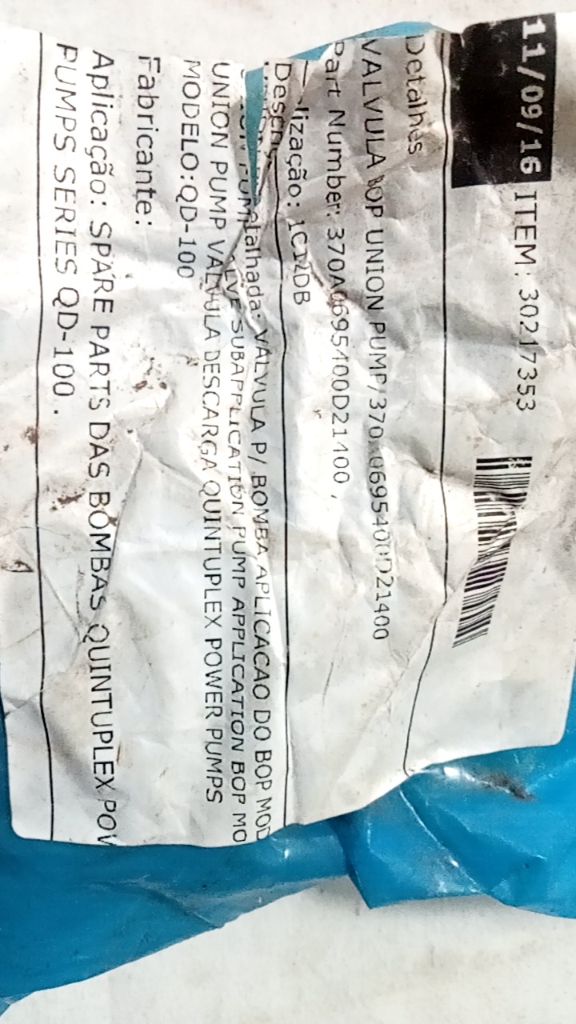 UNION PUMP VALVULA DESCARGA QUINTUPLEX POWER PUMPS
