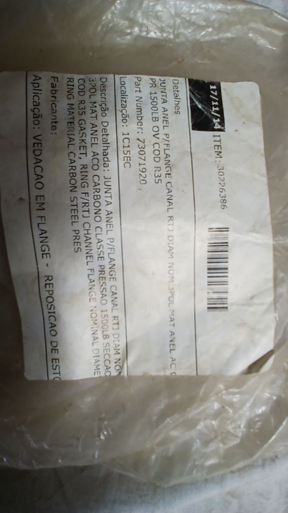 JUNTA ANEL P/FLANGE CANAL RTJ DIAM NOM 3POL MAT ANEL AC O PR 1500LB OV COD R35; 