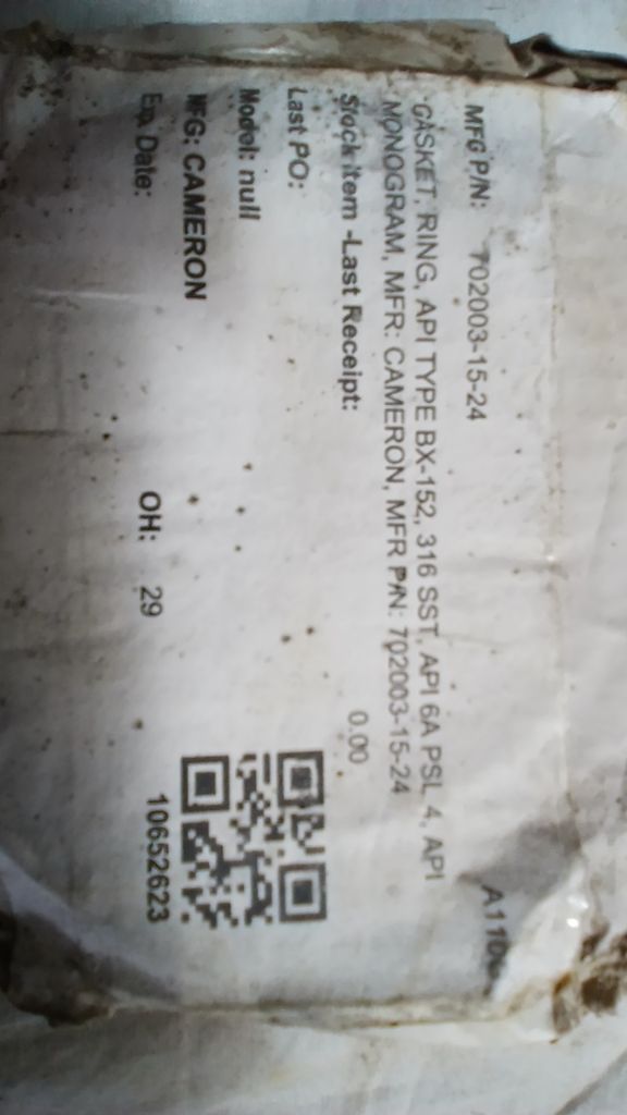 GASKET, RING, API TYPE BX-152, 316 SST, API 6A PSL 4, API MONOGRAM, MFR: CAMERON