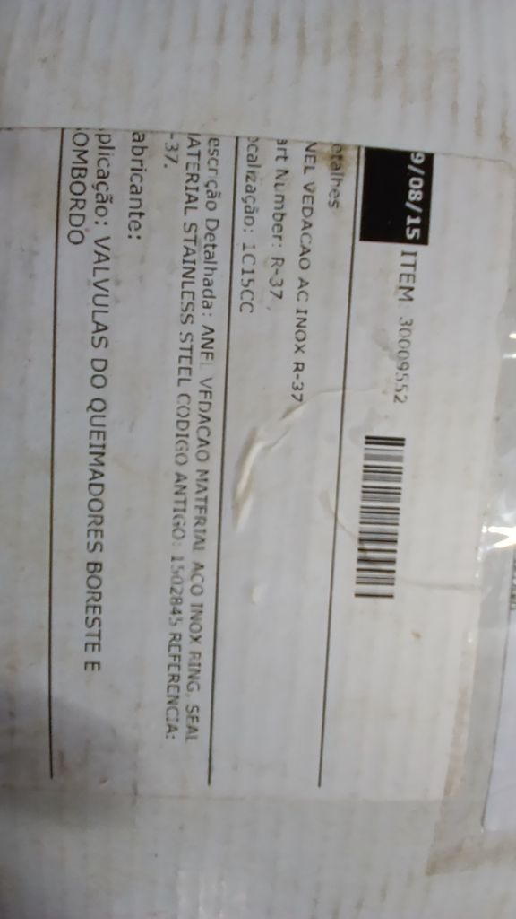 NEL VEDACAO AC INOX R-37; ANEL VEDACAO MATERIAL ACO INOX RING, SEAL MATERIAL STA