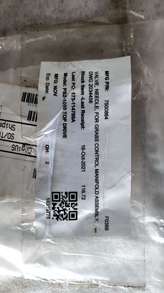 VALVE, NEEDLE, FOR GRABS CONTROL MANIFOLD ASSEMBLY