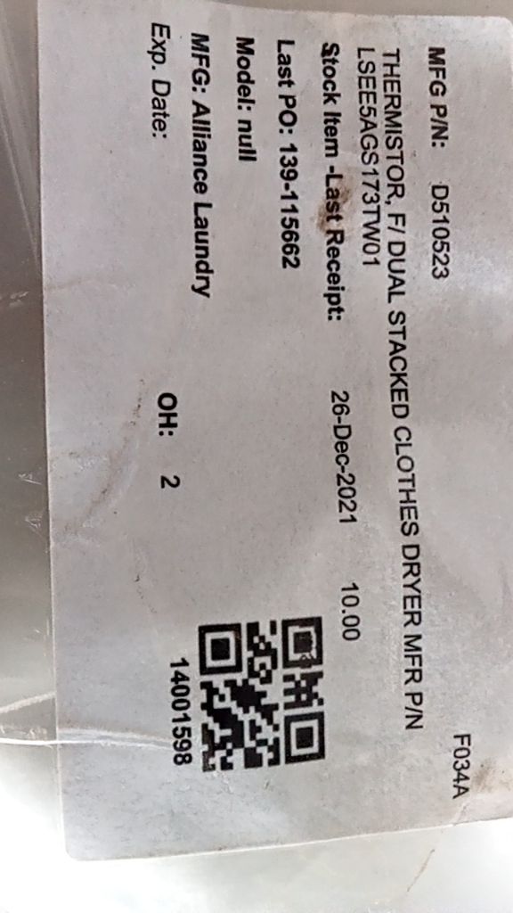 THERMISTOR, F/ DUAL STACKED CLOTHES DRYER