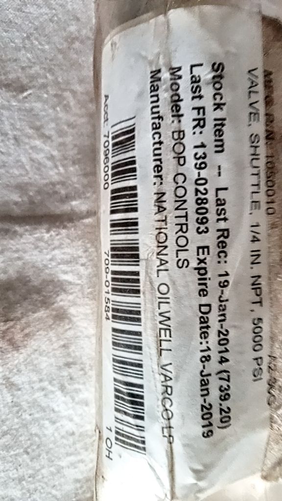 VALVE, SHUTTLE, 1/4 IN. NPT, 5000 PSI