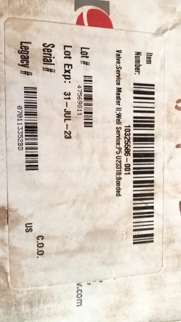 Valve,Service Master II;Well Service,P5 U23318,Bonded