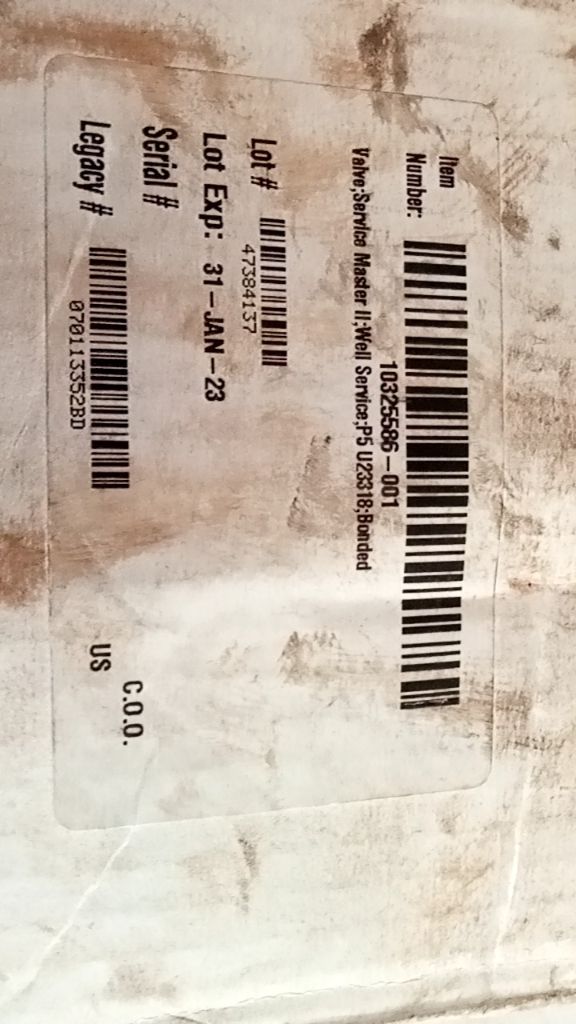 Valve;Service Master II;Well Service;P5 U23318;Bonded