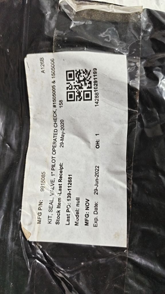 KIT, SEAL, VALVE, 1" PILOT OPERATED CHECK, #1505005 & 1505006