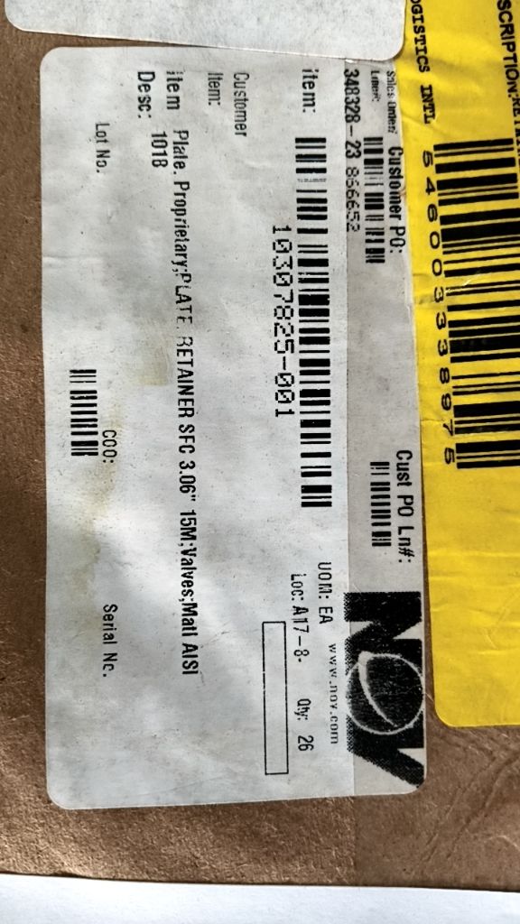 Plate, Proprietary, PLATE RETAINER SFC 3.06" 15M; Valves; Matl AISI