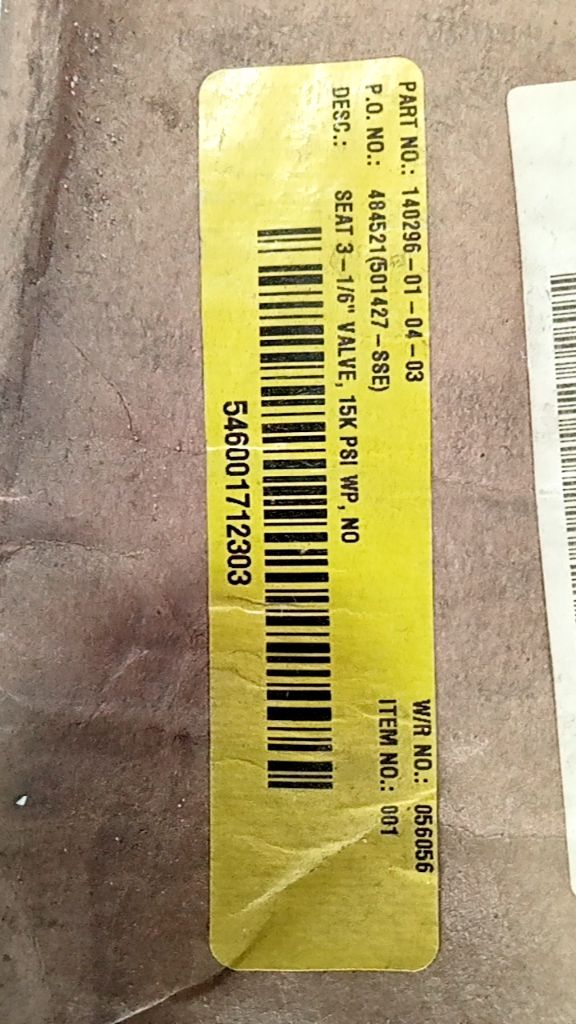 SEAT 3-1/6" VALVE, 15K PSI WP, NO