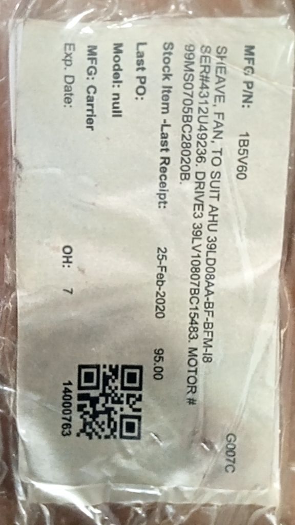SHEAVE, FAN, TO SUIT AHU 39LD08AA-BF-BFM-I8 DRIVE3 39LV10807BC15483. MOTOR# 99MS