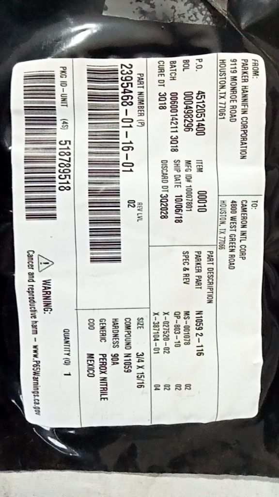 PARKER PART N1059 2-116, SPEC & REV MS-001078 QP-803-10 X-027520-02 X-387104-01,
