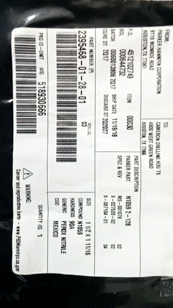 N1059 2-128, COMPOUND N1059, HARDNESS 90A, GENERIC PEROX NITRILE, SIZE 1 1/2 X 1
