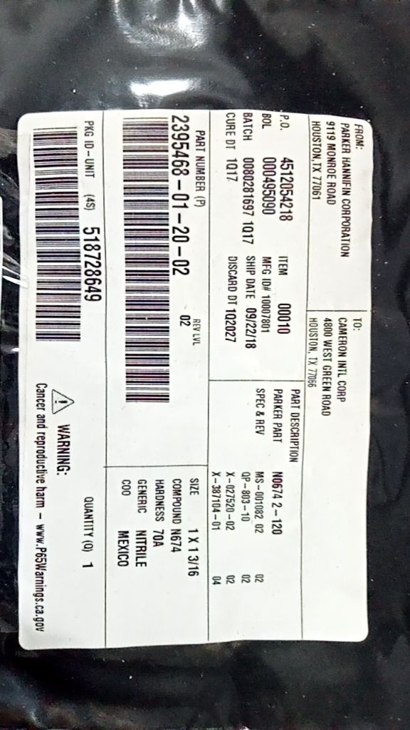 Parker Part N0674 2-120, Compound N674, Size 1 X 1 3/16, Hardness 70A, Generic N