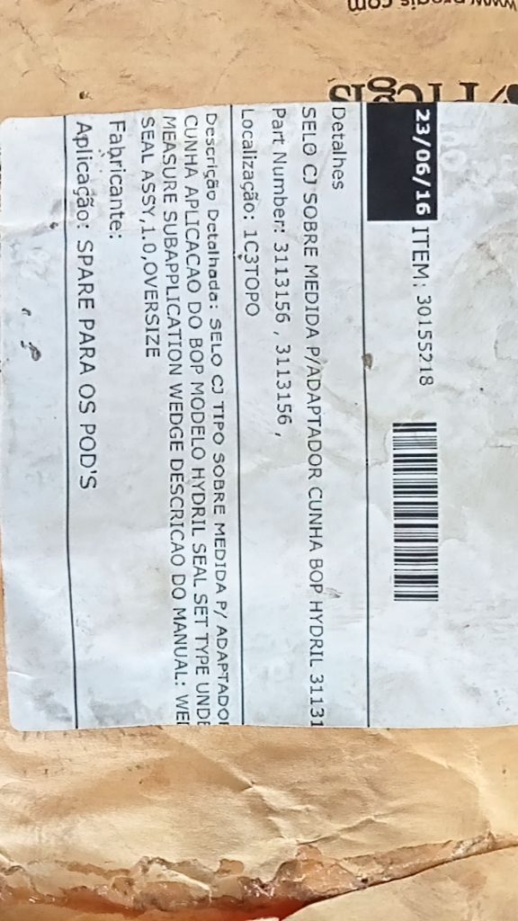 SELO CJ TIPO SOBRE MEDIDA P/ ADAPTADOR CUNHA APLICACAO DO BOP MODELO HYDRIL SEAL
