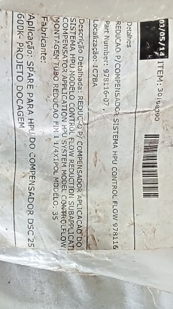 REDUCAO P/COMPENSADOR SISTEMA HPU CONTROL FLOW 978116. REDUÇÃO P/ COMPENSADOR AP