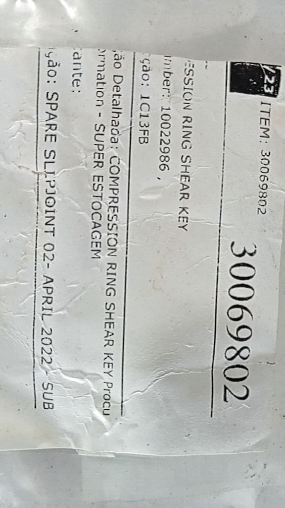 COMPRESSION RING SHEAR KEY; SPARE SLIPJOINT 02- APRIL 2022- SUB; SUPER ESTOCAGEM