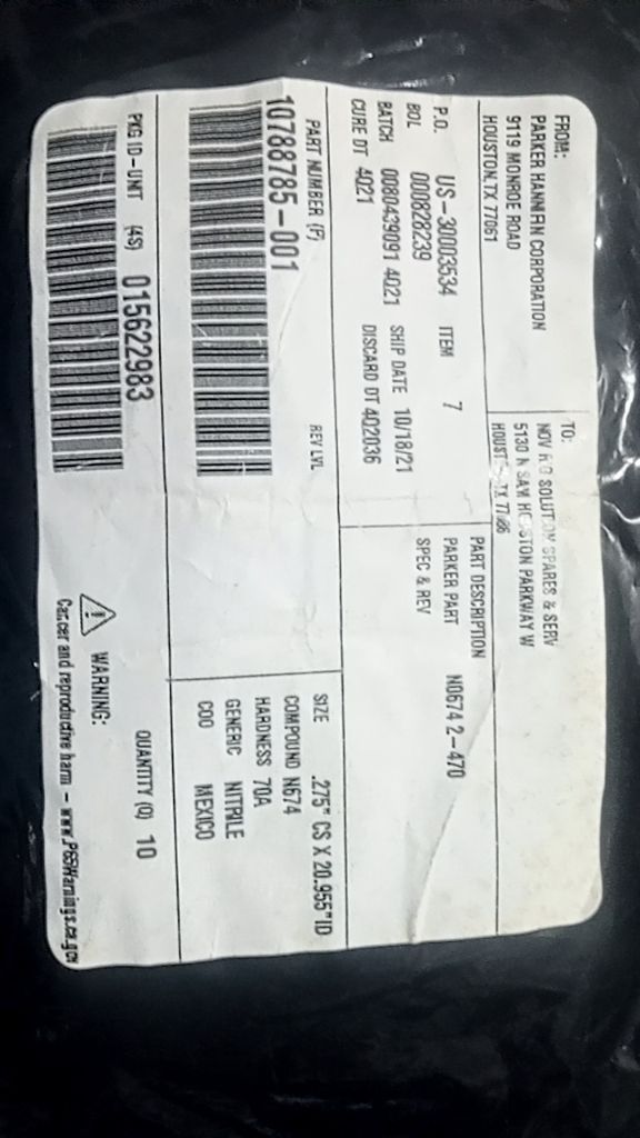 PARKER PART, .275" CS X 20.955"ID, COMPOUND N674, HARDNESS 70A, GENERIC NITRILE