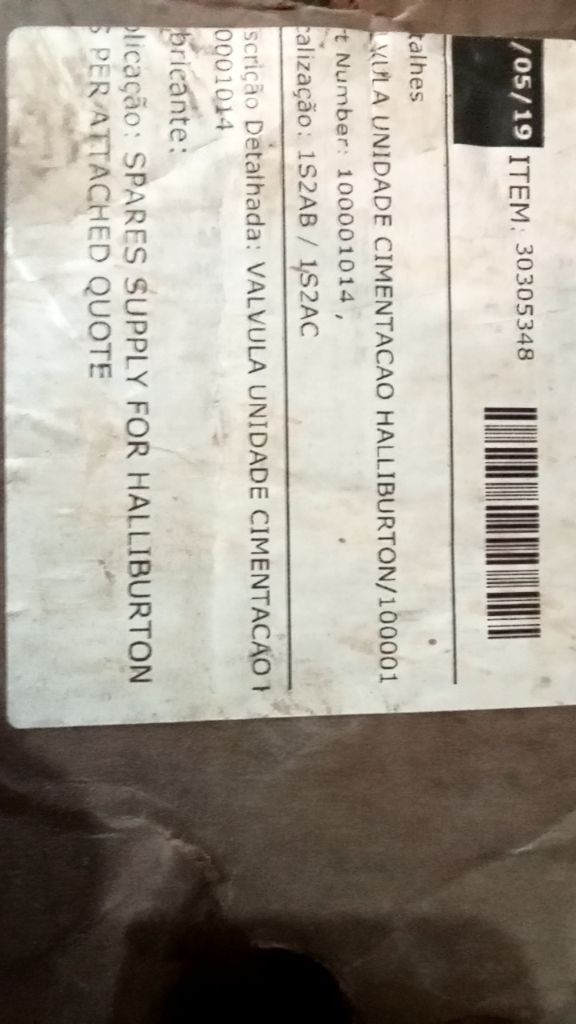 VALVULA UNIDADE CIMENTACAO