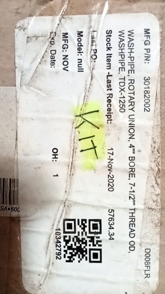 WASH-PIPE, ROTARY UNION, 4"" BORE, 7-1/2"" THREAD OD. WASHPIPE, TDX-1250
