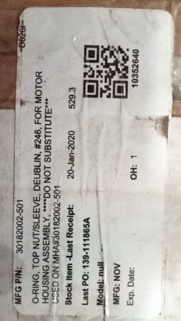 O-RING, TOP NUT/SLEEVE, DEUBLIN, #246, FOR MOTOR HOUSING ASSEMBLY, ****"DO NOT S