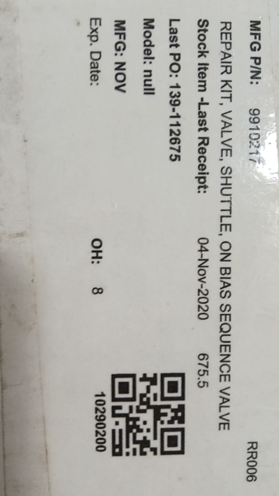 REPAIR KIT, VALVE, SHUTTLE, ON BIAS SEQUENCE VALVE