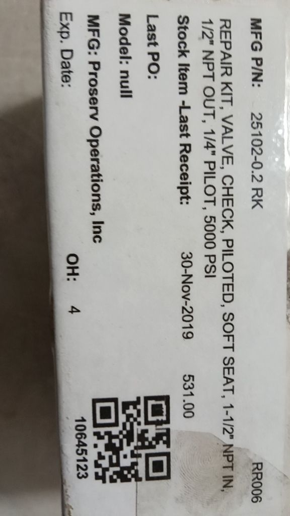 REPAIR KIT, VALVE, CHECK, PILOTED, SOFT SEAT, 1-1/2" NPT IN, 1/2" NPT OUT, 1/4" 