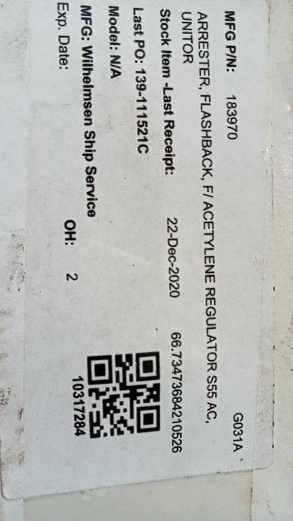 ARRESTER, FLASHBACK, F/ ACETYLENE REGULATOR S55 AC